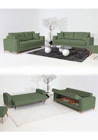Resim Nola Koltuk Takımı 3+3 & Bazalı Yataklı Koltuk & Kanepe - Keten Yeşil 