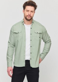 Resim Erkek Dar Kesim Kot Gömlek Su Yeşili Mint 