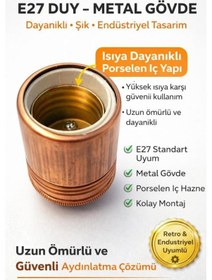Resim Şahnet E27 Metal Dişli Bakır Duy - Porselen İç Yapılı Dekoratif Metal Vintage Lamba Duyu 