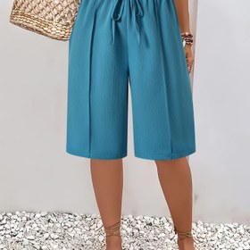 Resim Kadınlar İçin Büyük Beden Düz Renk Geniş Paça Şortlar Sahte Bağcıklı - Hafif Polyester, Turkuaz Mavi, Günlük Tatil Stili, Makinede Yıkanabilir 