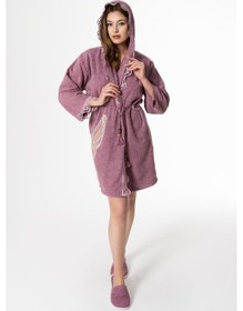 Resim Flora Gelin Bornoz Seti 5 Parça Dantelli Çeyiz Bayan Bornoz Seti Mor 