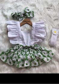 Resim ŞAPKAKİDS Kız Bebek Yeşil Cicek Desen Salopet Bandana Çorap Set 