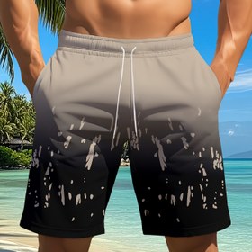 Resim Erkek Trendy Gradient Yüzme Şortu, Soyut Baskı ile, %100 Polyester, Hızlı Kuruyan, Ayarlanabilir Bağcıklı Bel, Plaj ve Sörf için İdeal, Yüzme Kıyafeti, Sörf Ekipmanı 
