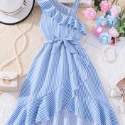 Resim Kızların Yaz Çizgili Ruffle Etekli Omuzdan Gelen Çizgili Elbise, Polyester Minimalist Tarz, Esnek Olmayan Kumaş, Dokuma Çocuklar İçin 
