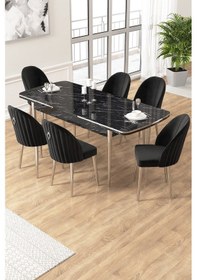 Resim Canisa Edaf Serisi 80x132 Açılabilir Siyah Mermer Desen Mutfak Masa Takımı 6 Siyah Sandalye Krom Detay Masa Siyah Mermer Desen Sandalye Siyah Krom Ayak 
