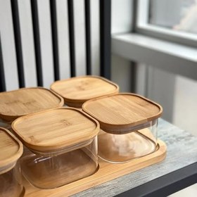 Resim 6'lı Bambu Kapaklı 300 ml Sızdırmaz Cam Kahvaltılık Seti Saklama Kabı 