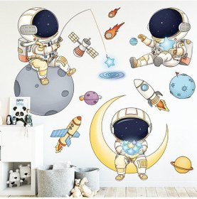Resim Sones 2 Adet / Takım 30x90cm Çocuk Odası Astronot Duvar Çıkartmaları Anaokulu Kozmik Yıldızlar Çizgi Film Arka Plan Duvar Kağıdı 