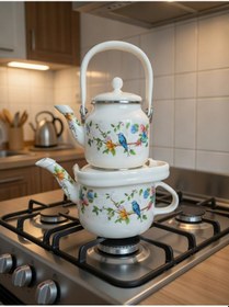 Resim Lüks Nostaljik Çift Katlı Emaye Çaydanlık Takımı - Mavi Kuşlu Renkli Çiçek Desenli Vintage Model Beyaz 