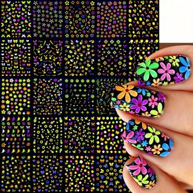 Resim 1000 Adet Karanlıkta Parlayan Tırnak Sanatı Stickerları - 24 Sayfa Kendinden Yapışkanlı 3D Tırnak Çıkartmaları, Floresan Çiçek & Geometrik Tasarımlı, Kadınlar için Kokuşuz Parlak Plastik Tırnak Malzemeleri, Tırnak Dekorasyon Setleri 