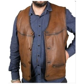 Resim Hakiki Kuzu Derisi Kahverengi Leon Düğmeli Erkek Deri Yelek Taba 