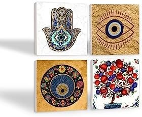Resim Nazar, Nar Ağacı, Fatma Ana Eli (Hamsa) Taş Bardak Altlığı Seti - 4 Parça - Dekoratif, Rustik Mutfak Aksesuarı, 10x10 cm, Kaydırmaz Tabanlı, Şık ve Dayanıklı SC509 
