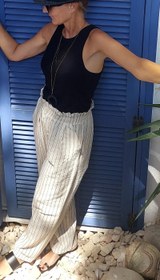Resim Siyah Çizgili Keten Rahat Kesim Kadın Pantolon - L-XL / Siyah & Beyaz 