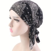 Resim Nefes Alabilen Siyah Paisley Baskılı Turban - Kemo veya Günlük Giyim için Elastik Vintage Baş Sarığı Kadınlar için 