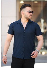 Resim Erkek Kısa Kollu Örme Kumaş Pamuklu Gömlek Petrol Mavisi 