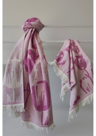 Resim %100 Pamuk Saçaklı Jakarlı Lale Desenli Peştemal Ve Peşkir Takımı-fuşya Fusya Fuşya 