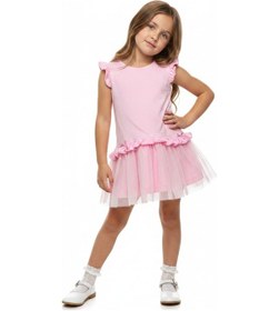 Resim Toontoy Kids Toontoy Kız Çocuk Regular Fit Bisiklet Yaka Fırfır Kol Fiyonk Detaylı Tüllü Elbise 25047 Pembe 