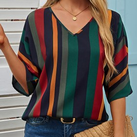 Resim Kadın Şık Puantiyeli V Yaka Gömlek, Çizgili Polyester Üst, Normal Uzunluk, Sonbahar Modası, Yetişkin Rahat Giyim, Dokuma Kumaş 