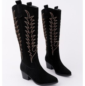 Resim Muggo Texas Sivri Burun Nakışlı Kalın Topuklu Kadın Kovboy Western Çizme Sıyah Suet 