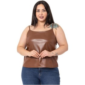 Resim Büyük Beden Ayarlanabilir İnce Askılı Sırtı Lastikli Deri Taba Bluz-taba Taba 