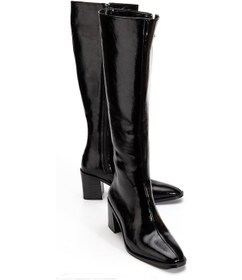 Resim Kadın Topuklu Çizme Siyah Rugan Fermuarlı Küt Burun-4386 Siyah 