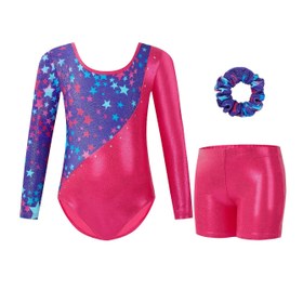 Resim Kızlar için Jimnastik Tulumu, Uzun Kollu Parıltılı Dans Biketard ve Şortlu Balerini Takımı ile Saç Tokası, 4-13 Yaş Arası İdeal 