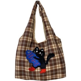 Resim Jian Fan Sevimli Karikatür İşlemeli Bezçanta Büyük Kapasiteli Kore Ekose Siyah Kedi Siyah 