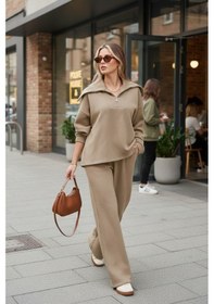 Resim Lela Pamuklu Oversize Fit Yarım Fermuarlı Yaka Uzun Kollu Triko Bayan Takım 68351218 Haki 