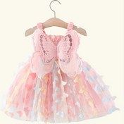 Resim Kızlar İçin Sevimli Yaz Prenses Elbisesi - Pembe Tül Parti Geceli, Kelebek Aplikeleri & Fırfırlı Askılar, %100 Polyester, Esnemez Kumaş, Makinede Yıkanabilir 