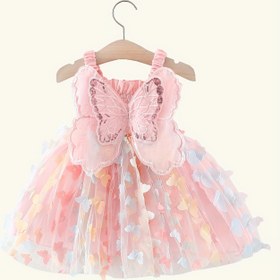 Resim Kızlar İçin Sevimli Yaz Prenses Elbisesi - Pembe Tül Parti Geceli, Kelebek Aplikeleri & Fırfırlı Askılar, %100 Polyester, Esnemez Kumaş, Makinede Yıkanabilir 