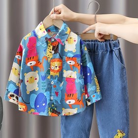 Resim Sonbahar Yeni Erkekler Tam Baskı Hayvan Baskılı Uzun Kollu Gömlek İki Parça Set Bahar Bebek Erkek Rahat Moda Kot Pantolon Kıyafeti, Dış Mekan İçin Mükemmel 