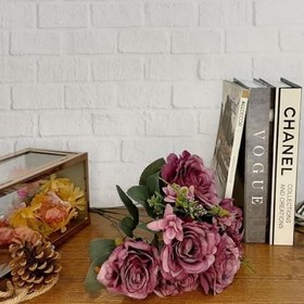 Resim Yapay Çiçek Büyük Demet 6 Kafalı Gül Demeti Ve Cipsolu Mor 