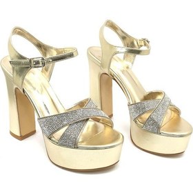 Resim Feles 13 Cm Yüksek Platform Çapraz Bant Topuklu Taşlı Kadın Abiye Ayakkabı Altın 