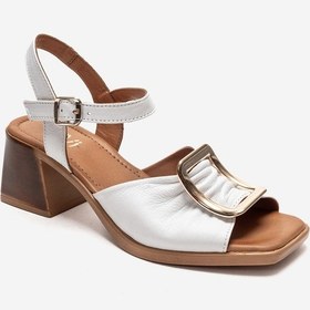 Resim Luvishoes Asha Beyaz Tokalı Hakiki Deri Kadın Kalın Topuklu Sandalet 