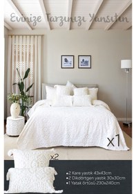 Resim İskandinav Yatak Örtüsü Seti Çift Kişilik Set Bohem Punch Panç Desen Motif Ekru Renkli 