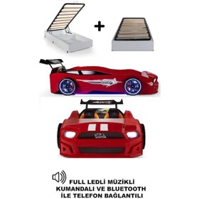Resim Bazalı Kırmızı Arabalı Yatak Mst Full Ledli Kumandalı Ve Müzikli 90x190 Cm 