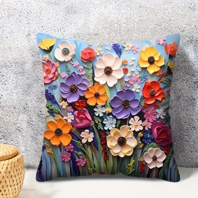 Resim 1 adet Canlı Çiçek Atma Yastık Kılıfı - 2D Düz Baskı, Yağlı Boya Pigment Etkisi, Fermuar Kapatma, 44.96x44.96cm - Sanatsal Ev & Ofis Dekoru, Oturma Odası & Balkon Acenti, Polyester, Makinede Yıkanabilir, Dekoratif Yastık 