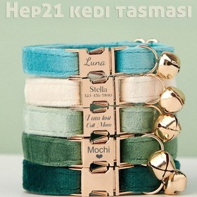 Resim Cat Collar Velvet Named Bell Cat Collar 649724 - Light Green Collar + Bow Tie / L 