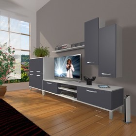 Resim Decoraktiv Eko 6 Mdf Dvd Krom Ayaklı Tv Ünitesi Tv Sehpası - Beyaz - Antrasit 