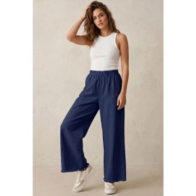 Resim Modestim Kadın Lacivert Beli Lastik Özel Yıkamalı Kumaş Paçaları Püsküllü Geniş Paça Tesettür Pantolon 