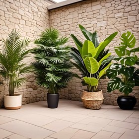 Resim 4 parça set, 48 büyük yapraklı yapay bitki kombinasyonu. Dış mekan kullanımı için uygun—geniş yapraklı tropik yağmur ormanı dekoratif ağacı, yıl boyu iç ve dış mekan saksı bitkileri, düğün, otel, bahçe, avlu Nordik tarzı sahte ağaçlar, Bastille Günü, Büyükanneler Günü, Ramazan Bayramı, Bağımsızlık Günü süslemeleri, yer yerleştirme, yeşil yaprak mimari stili, UV dayanıklı, fotoğraf çekimi aksesuarları, düşük bakım gerektirir 