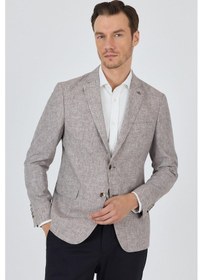 Resim İmza Kazayağı Desen Bez Ayağı Mono Yaka Yarım Astar Keten Karışımlı 6 Drop Slim Fit Ceket 1002250102 Bej 