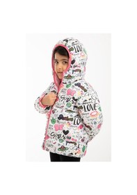 Resim Kız Çocuk Polarlı Kapüşonlu Girls Yazılı Kelebek Desenli Kışlık Şişme Mont & Kaban & Parka-33 Beyaz - Pembe 