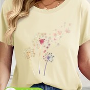 Resim Kadınlar İçin Pastel Çiçek Desenli Karahindiba Tişört - Yumuşak ve Nefes Alabilen Günlük Yazlık Üst - Beyaz Temel Bluz, Rahat Kesim, Kısa Kollu, Hafif Tasarım, Makinede Yıkanabilir, Moda Tutkunları İçin 