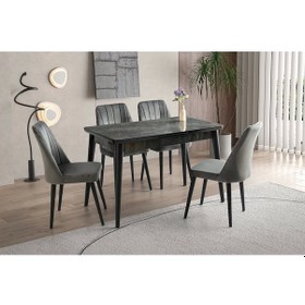 Resim Ortadan Açılır Büyüyen 60x100cm Siyah Mermer Ahşap Salon Yemek Masa Gri Sude Sandalye Takımı 4 Sanda Siyah 