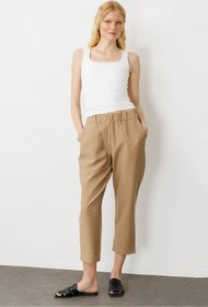 Resim Desen Triko Kadın Beli Lastikli Yan Cepli Havuç Kesim Keten Pantolon Camel 
