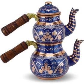 Resim Gül Çiçek Mavi Küçük Bakır Çaydanlık 850 Ml Bakır 