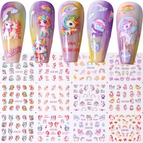 Resim 12 Tasarım Pembe Unicorn Su Transfer Kaydırıcısı Gökkuşağı At Dondurma Kalp Karikatür Anime Tırnak Stickerı Parlatma Tırnak Süslemesi 