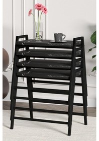 Resim Zigon Sehpa , Aden 4'lü Tepsi Zigon Sehpa Takımı Siyah Metal - Siyah Mermer Tabla Siyah-siyah Mermer 