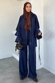 Resim Gülseli Kol Fırfırlı Tunik Bel Lastikli Pantolon Tesettür İkili Takım Lacivert TZL-P-00020481 
