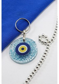 Resim El Yapımı Kırıntılı Turkuaz Cam Nazar Boncuklu Anahtarlık, Hediye 